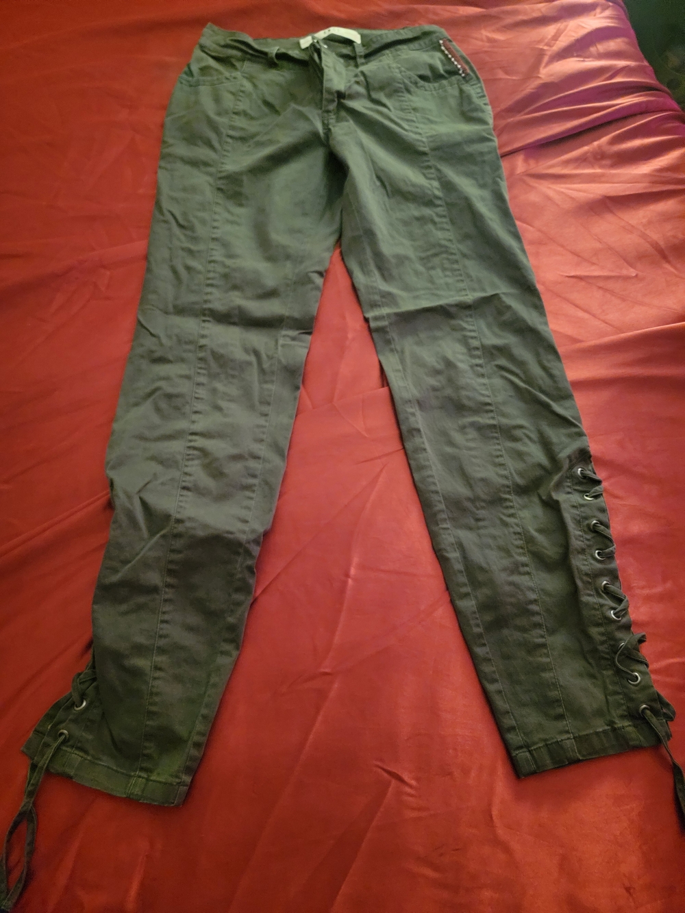 Lace-Up Hem Skinny Pants - Dark Green